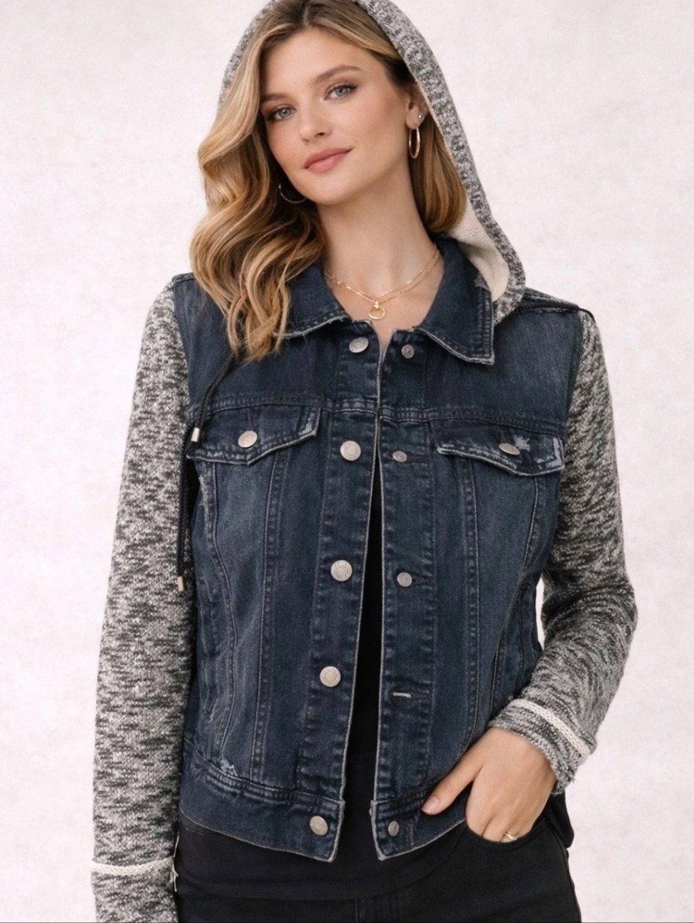 Free People, Women's Hooded Denim Jacket with Knit Sleeves - Black/Gray